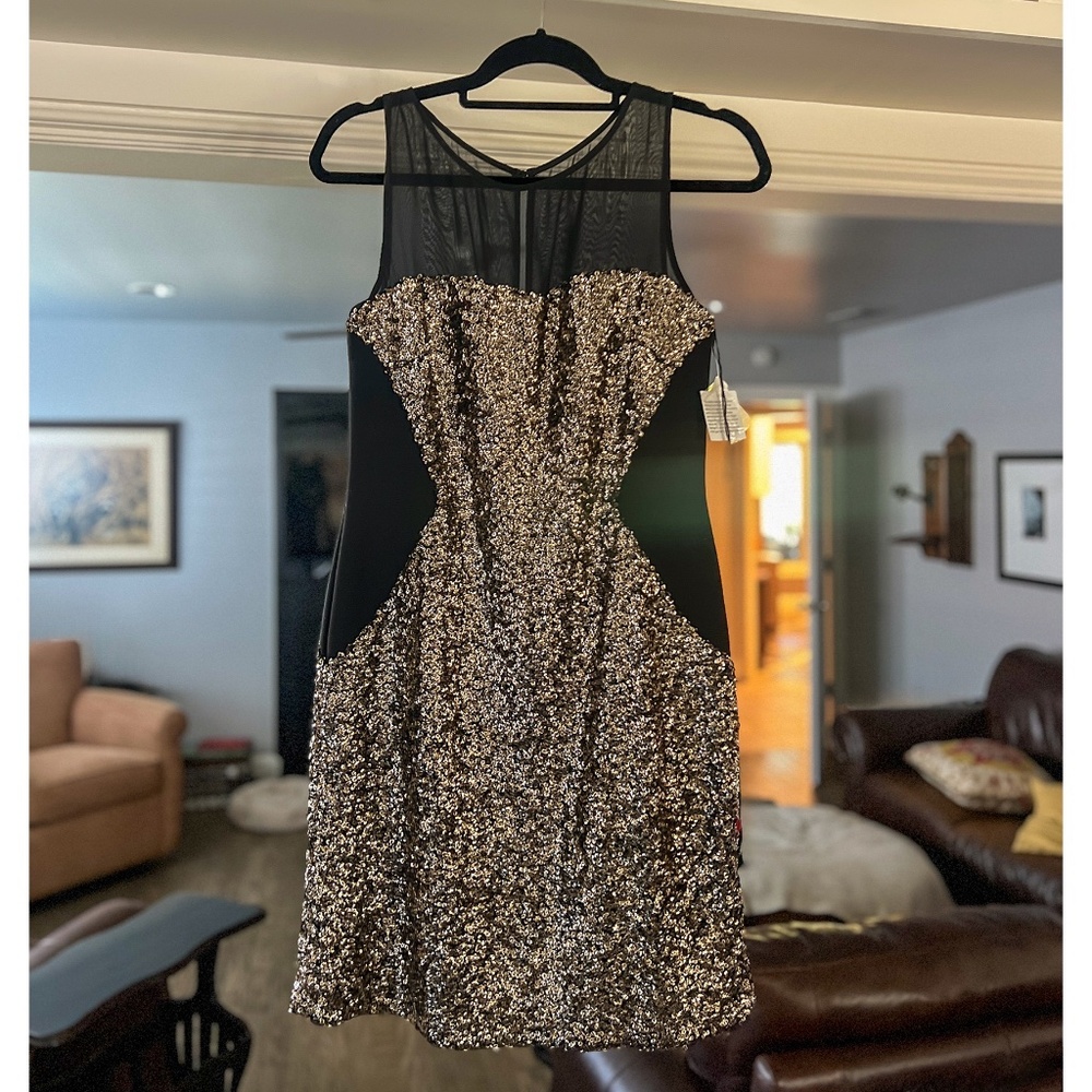 Aidan by Aidan Mattox Black and Gold Sequin Illusion Sheath Dress NWT